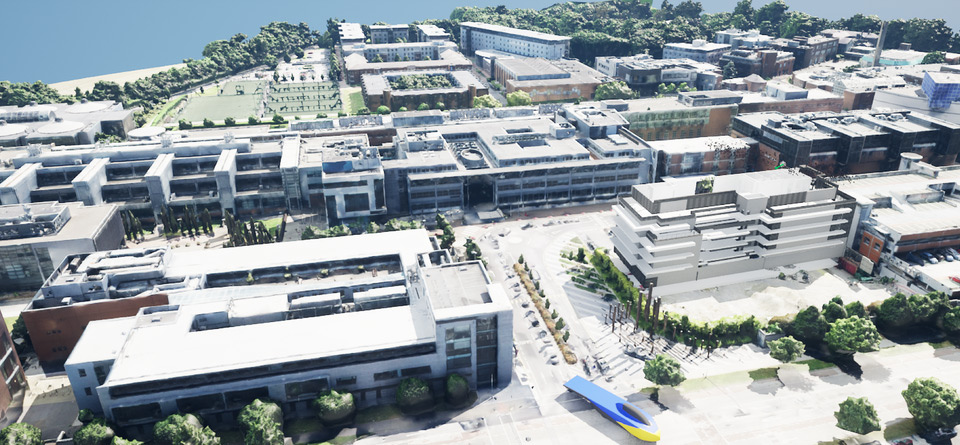 DCU selected Bentley’s open 3D and reality modeling technology to create a campus model integrated with IoT data, generating an immersive digital twin on the iTwin Platform. Image courtesy of Dublin City University.